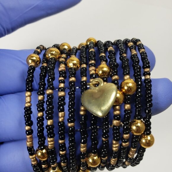 Black & Gold Beaded Wrap Bracelet – Multi-Strand with Gold Heart Charm, Jewelry - Picture 4 of 11